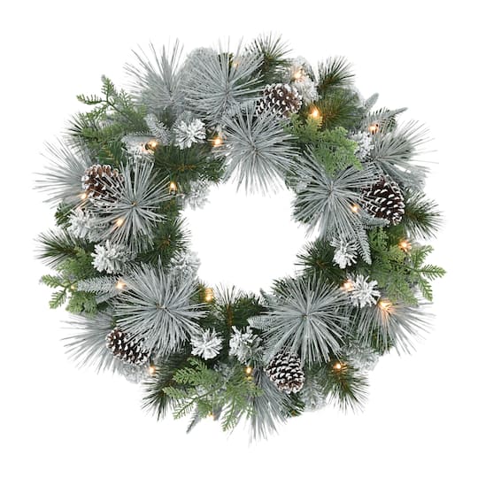 24" Pre-Lit Green Flocked Artificial Wreath with Pinecones